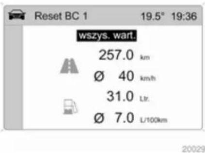 Reset BC 1 19.5° 19:36 wszys. wart. 257.0 km Ø 40 km/h 31.0 Ltr. Ø 7.0 L/100km 20029