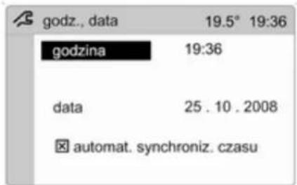 godz., data 19.5° 19:36 godzina 19:36 data 25 . 10 . 2008 ☑ automat. synchroniz. czasu