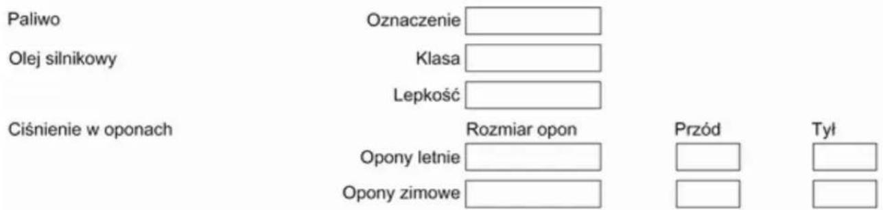 Paliwo Oznaczenie Olej silnikowy Klasa Lepkość Ciśnienie w oponach Rozmiar opon Przód Tyt Opony letnie Opony zimowe