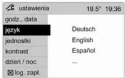 ustawienia 19.5° 19:36 godz., data język Deutsch jednostki English kontrast Español dzień / noc ... log. zapł.