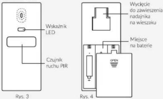 Wskaźnik LED Czujnik ruchu-PIR Rys. 3 Wycięcie do zawieszenia nadajnika na wieszaku Miejsce na baterie Rys. 4