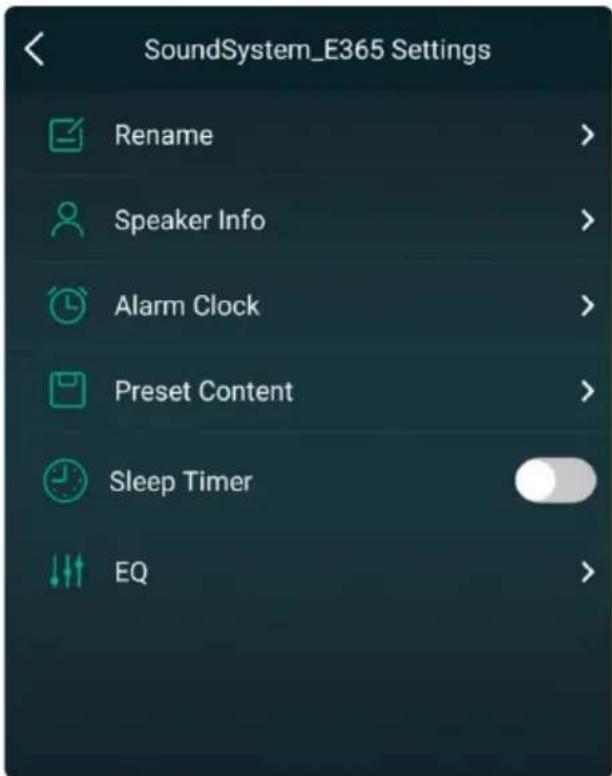 SoundSystem_E365 Settings Rename > Speaker Info > Alarm Clock > Preset Content > Sleep Timer EQ >