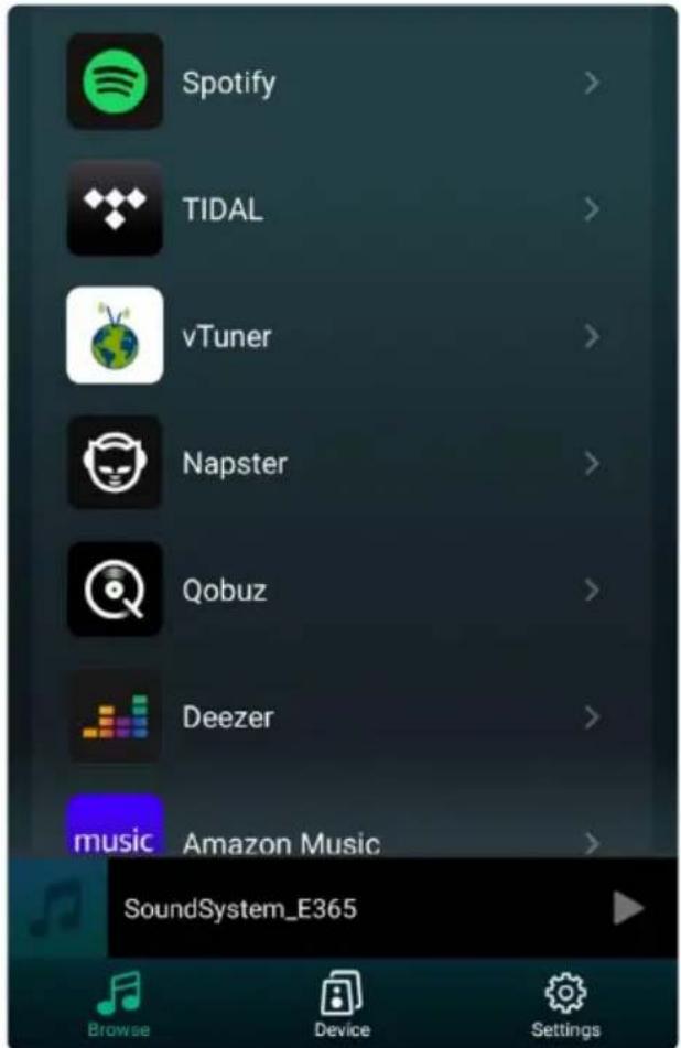 Spotify TIDAL vTuner Napster Qobuz Deezer music Amazon Music SoundSystem_E365 Browse Device Settings