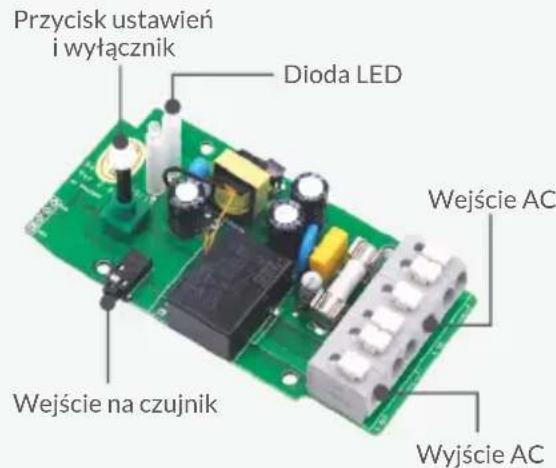 Przycisk ustawień i wyłącznik Dioda LED Wejście AC Wejście na czujnik Wyjście AC