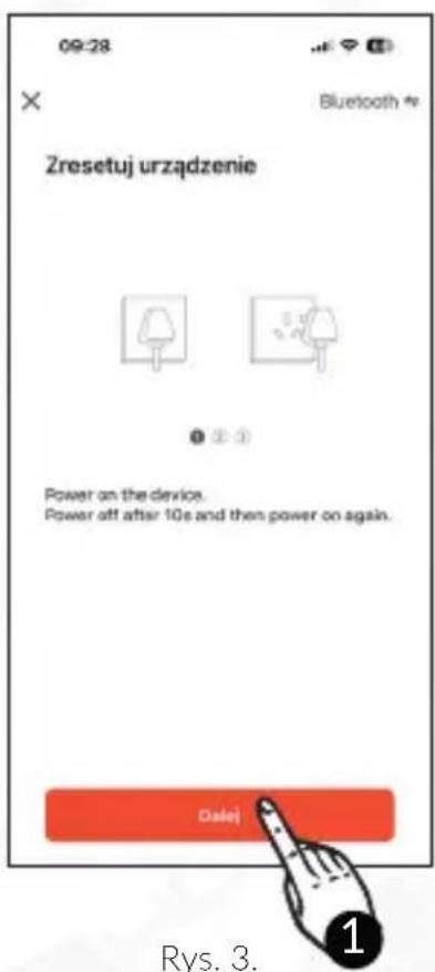 09:28 Bluetooth * Zresetuj urządzenie Power on the device. Power off after 10s and then power on again. Datej Rys. 3.
