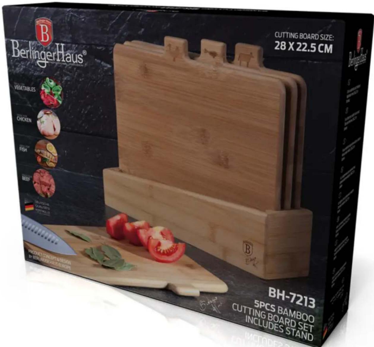 BerlingerHaus® CUTTING BOARD SIZE: 28 X 22.5 CM BH-7213 5PCS BAMBOO CUTTING BOARD SET INCLUDES STAND BEBERGELAUS® PRODUET CONCEPT LEMONION BY BERINGER HAUSED ROOPS BH-7213