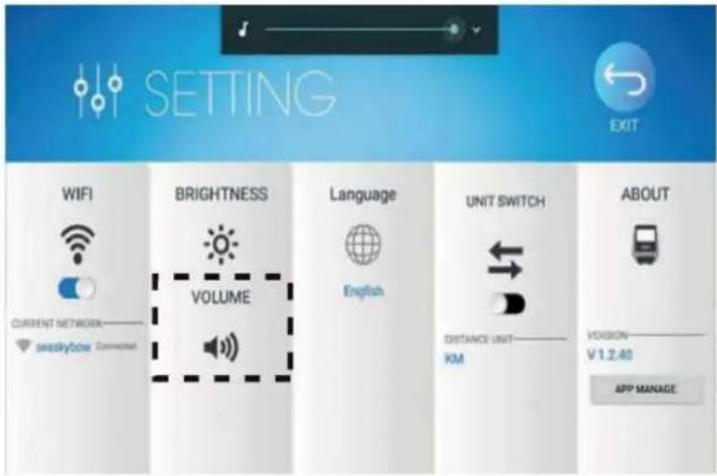 SETTING EXIT WIFI BRIGHTNESS VOLUME Language English UNIT SWITCH DISTANCE UNIT KM ABOUT VDITION V 1.2.40 APP MANAGE