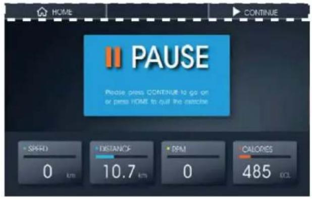 HOME PAUSE Please press CONTINUE to go on or press HOME to quit the cache SPEED 0 km DISTANCE 10.7 km RPM 0 CALORIES 485 OCL