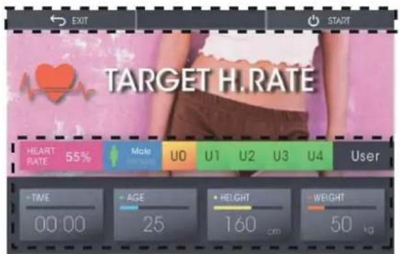 EXIT START TARGET H. RATE HEART RATE 55% Make U0 U1 U2 U3 U4 User -TIME 00 00 -AGE 25 -HEIGHT 160 cm -WEIGHT 50 kg