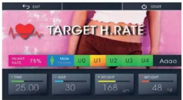 EXIT START TARGET H.RATE HEART RATE 75% Male Gender U0 U1 U2 U3 U4 Aaaa • TIME 25:00 • AGE 30 • HEIGHT 168 cm • WEIGHT 48 kg