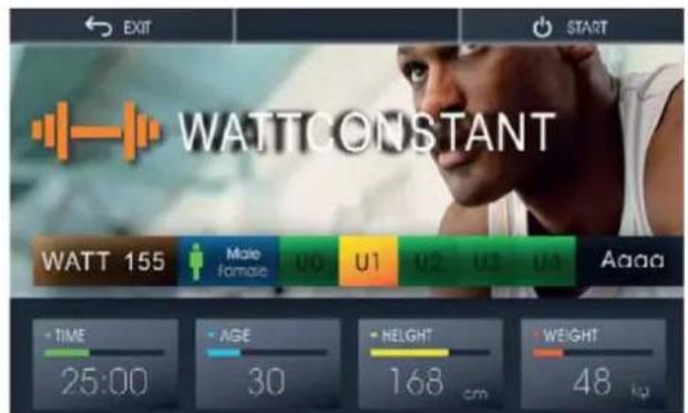 EXIT START WATT CONSTANT WATT 155 Male Female U0 U1 U2 U3 U4 Aaaa TIME AGE HEIGHT WEIGHT 25:00 30 168 cm 48 kg