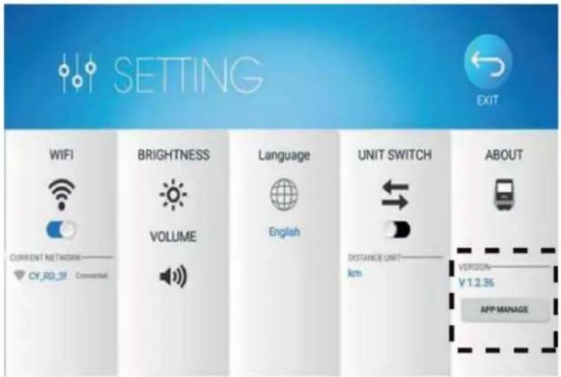 SETTING EXIT WIFI BRIGHTNESS Language UNIT SWITCH ABOUT CURRENT NETWORK VOLUME English DIRECTION UNIT km VERSION ¥1.2.36 APP MANAGE