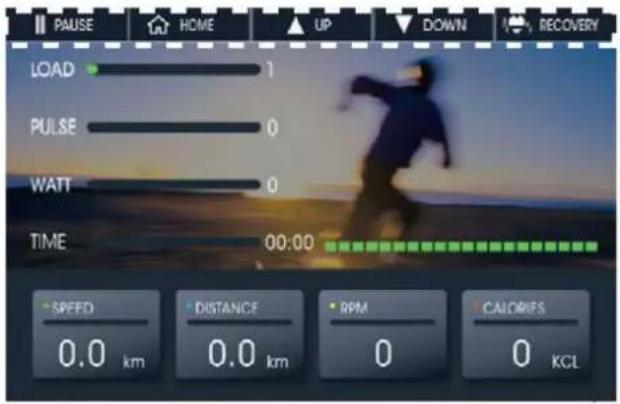 PAUSE HOME UP DOWN RECOVERY LOAD 1 PULSE 0 WATT 0 TIME 00:00 SPEED 0.0 km DISTANCE 0.0 km RPM 0 CALORIES 0 KCL