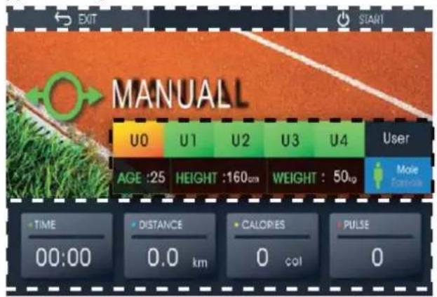 MANUALL U0 U1 U2 U3 U4 User AGE :25 HEIGHT :160cm WEIGHT : 50kg Mole Formula TIME 00:00 DISTANCE 0.0 km CALORIES 0 col PULSE 0