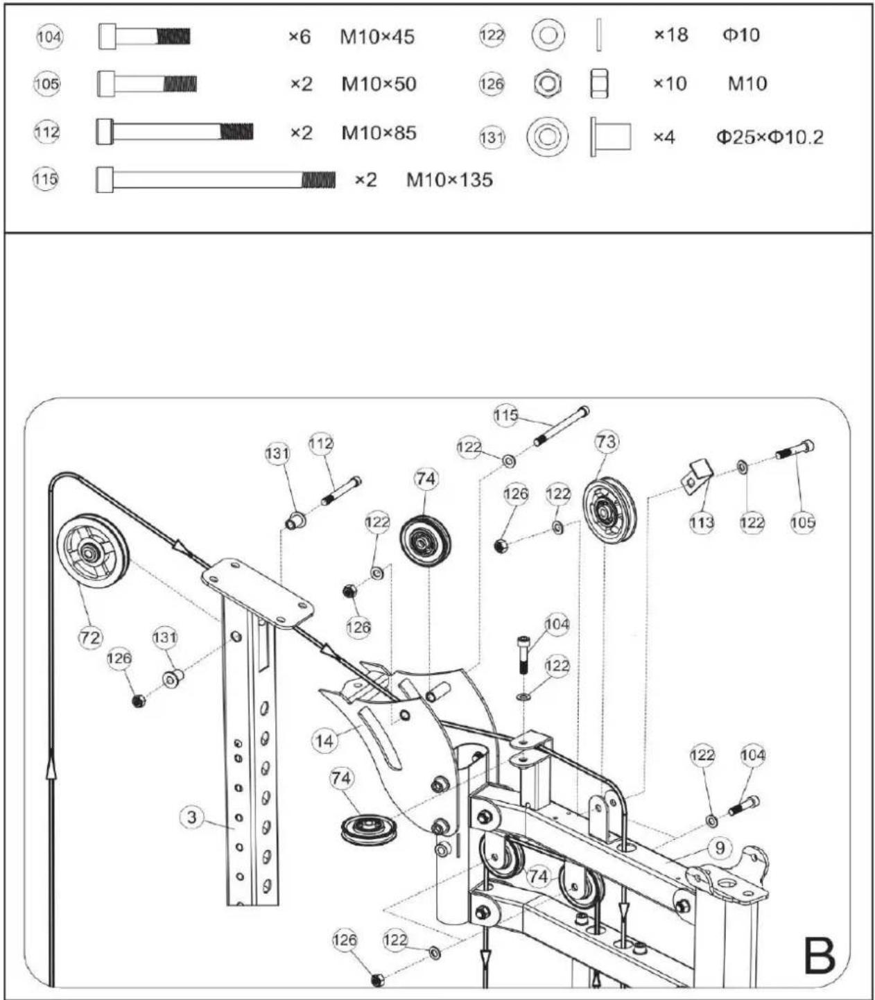 104 ×6 M10×45 122 ×18 Φ10 105 ×2 M10×50 126 ×10 M10 112 ×2 M10×85 131 ×4 Φ25×Φ10.2 115 ×2 M10×135 72 126 131 131 112 74 122 115 73 126 126 122 126 122 104 122 105 14 74 3 126 122 9 B