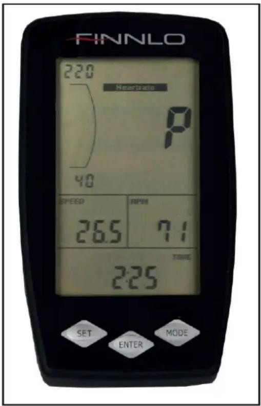 FINNLO 220 Heartrate P 40 SPEED RPM 265 71 TIME 225 SET ENTER MODE