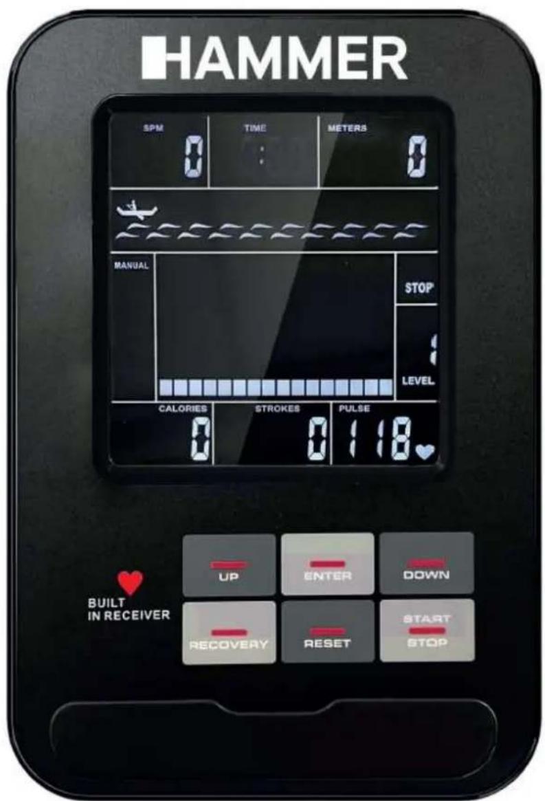 HAMMER SPM TIME METERS 0 0 0 MANUAL STOP LEVEL CALORIES STROKES PULSE 0 0 1 18♥ UP ENTER DOWN BUILT IN RECEIVER RECOVERY RESET START STOP