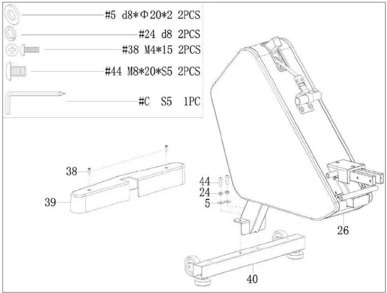 #5 d8*Φ20*2 2PCS #24 d8 2PCS #38 M4*15 2PCS #44 M8*20*S5 2PCS #C S5 1PC 38 39 44 24 5 26 40
