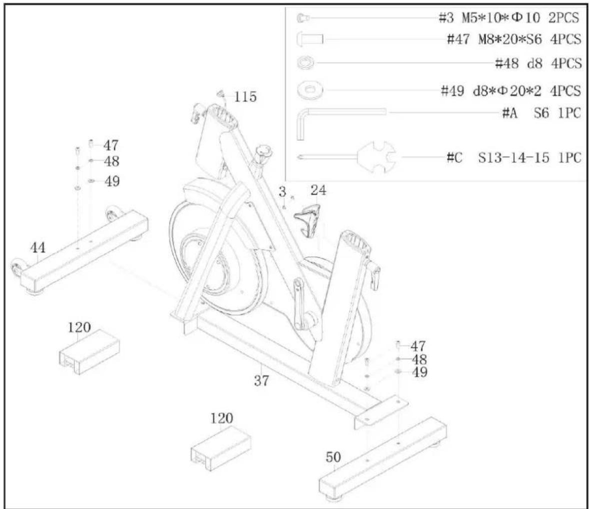 #3 M5*10*Φ10 2PCS #47 M8*20*S6 4PCS #48 d8 4PCS #49 d8*Φ20*2 4PCS #A S6 1PC #C S13-14-15 1PC 115 47 48 49 44 120 37 120 50