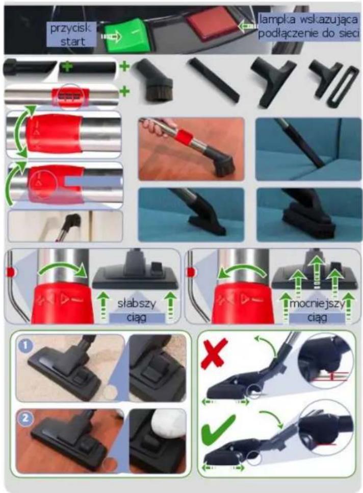 przycisk start lampka wskazująca podłączenie do sieci stabszy ciąg mocniejszy ciąg