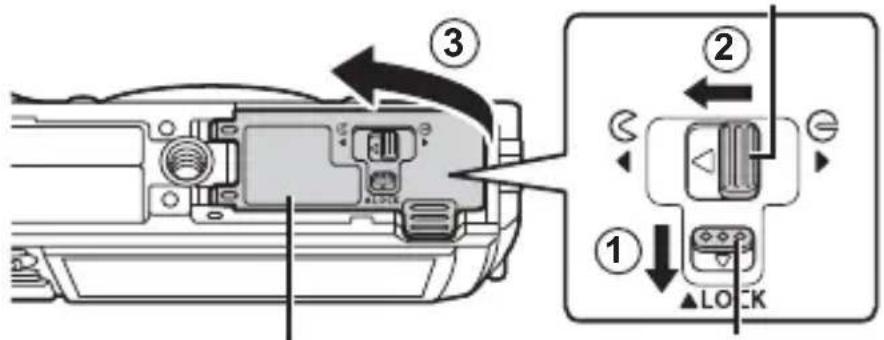 OLYMPUS TG-5 - Wykonaj kroki ①, ② i ③, aby otworzyć komorę baterii/karty. - 1
