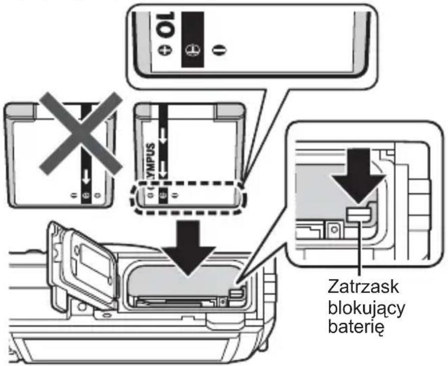 OLYMPUS TG-5 - Włóż baterię, przesuwając zatrzask zamknięcia baterii w kierunku wskazywanym przez strzałkę. - 1