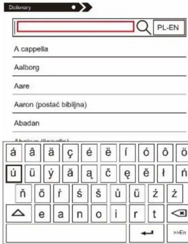 Dictionary PL-EN A cappella Aalborg Aare Aaron (postać biblijna) Abadan Abalua (liouville) á â ä ç é ë í ó ô õ ú ü y á a č ɛ ß í ñ ő í ś š ū ú ž ž △ e a n o i r t =>En