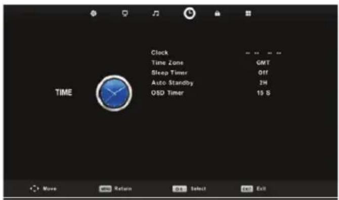 Clock Time Zone GMT Sleep Timer Off Auto Standby 2H OSD Timer 15 S TIME Move Return Select Exit Exit