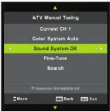 ATV Manual Tuning Current CH 1 Color System Auto Sound System DK Fine-Tune Search Frequency Unregistered Move Back Exit