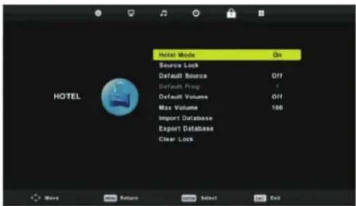 Hotel Mode On Source Lock Default Source Off Default Prog Default Volume Off Max Volume 100 Import Database Export Database Clear Lock