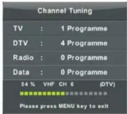 Channel Tuning TV : 1 Programme DTV : 4 Programme Radio : 0 Programme Data : 0 Programme 54 % VHF CH 6 (DTV) Please press MENU key to exit