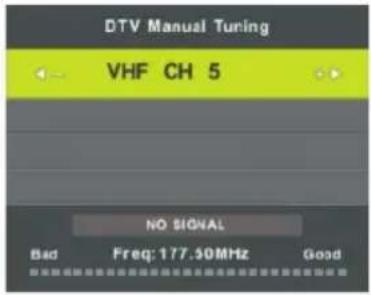 DTV Manual Tuning VHF CH 5 NO SIGNAL Bad Freq: 177.50MHz Good