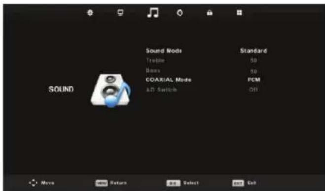 Sound Mode Triple Base COAXIAL Mode A2D Switch Standard 50 50 PCM OEH SOUND Move NEW Return Run Select Exit Exit