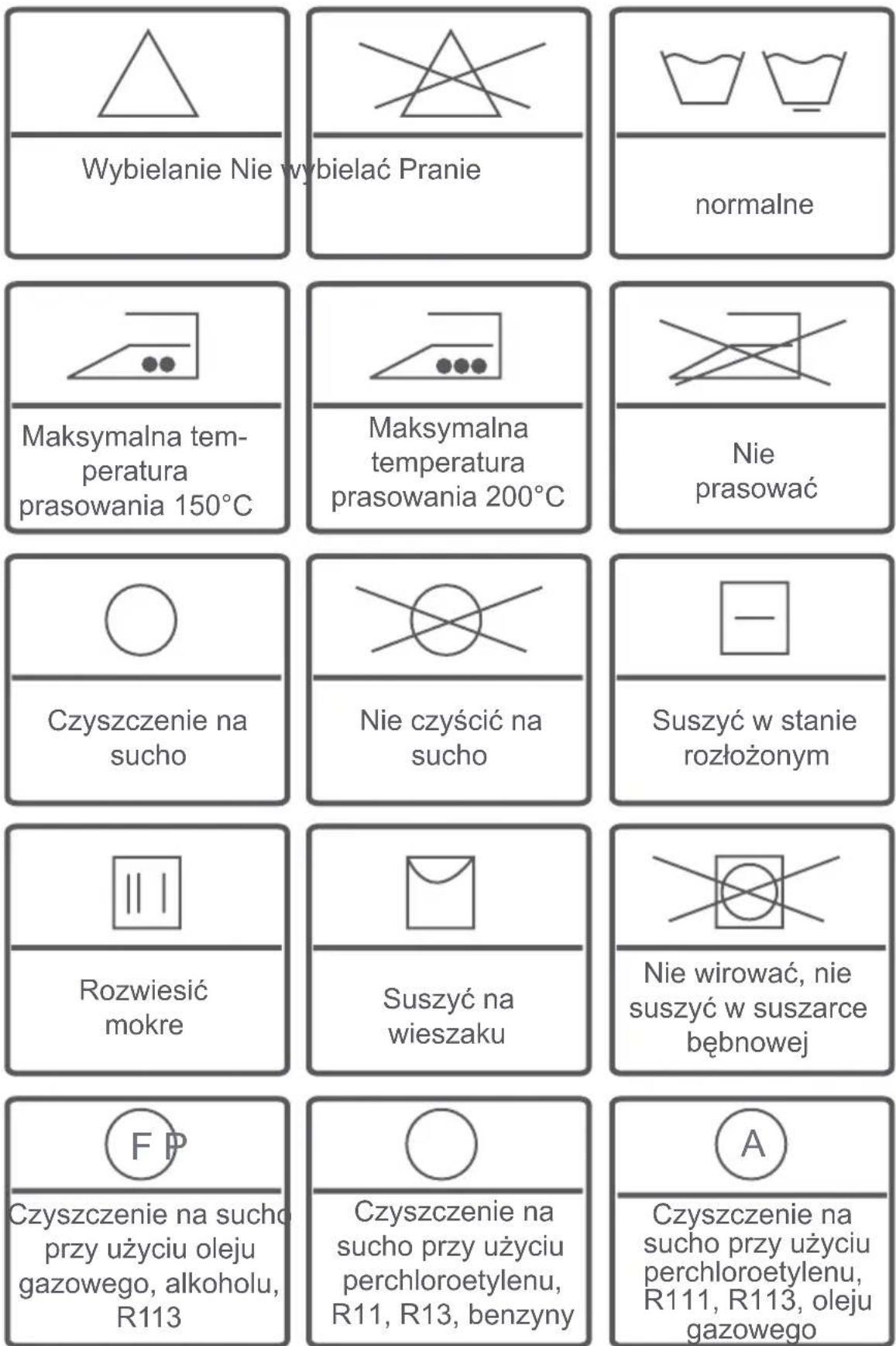 Wybielanie Nie wybielać Pranie normalne Maksymalna tem- peratura prasowania 150°C Maksymalna temperatura prasowania 200°C Nie prasować Czyszczenie na sucho Nie czyścić na sucho Suszyć w stanie rozłożonym Rozwiesić mokre Suszyć na wieszaku Nie wirować, nie suszyć w suszarce bębnowej Czyszczenie na sucho przy użyciu oleju gazowego, alkoholu, R113 Czyszczenie na sucho przy użyciu perchloroetylenu, R11, R13, benzyny A Czyszczenie na sucho przy użyciu perchloroetylenu, R111, R113, oleju gazowego