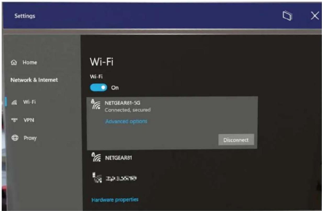 Settings Home Network & Internet Wi-Fi VPN Proxy Wi-Fi On NETGEAR81-5G Connected, secured Advanced options Disconnect NETGEAR81 Hardware properties