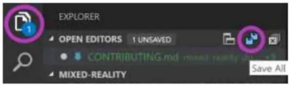 EXPLORER OPEN EDITORS 1 UNSAVED CONTRIBUTING.md mixed reality -30.000 MIXED-REALITY Save All