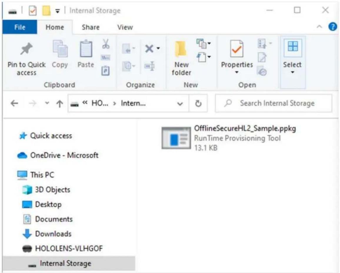 Internal Storage File Home Share View Pin to Quick Copy Paste Clipboard Organize New folder Properties Select << HO... > Intern... Search Internal Storage Quick access OneDrive - Microsoft This PC 3D Objects Desktop Documents Downloads HOLOLENS-VLHGOF Internal Storage OfflineSecureHL2_Sample.ppkg RunTime Provisioning Tool 13.1 KB