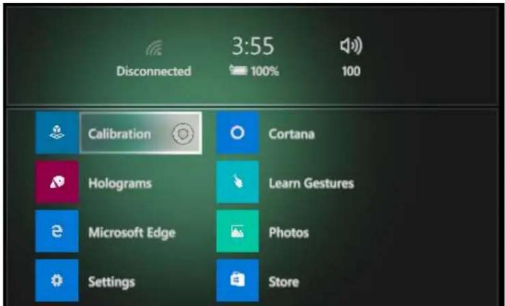 3:55 Disconnected 100% 100 Calibration Cortana Holograms Learn Gestures Microsoft Edge Photos Settings Store