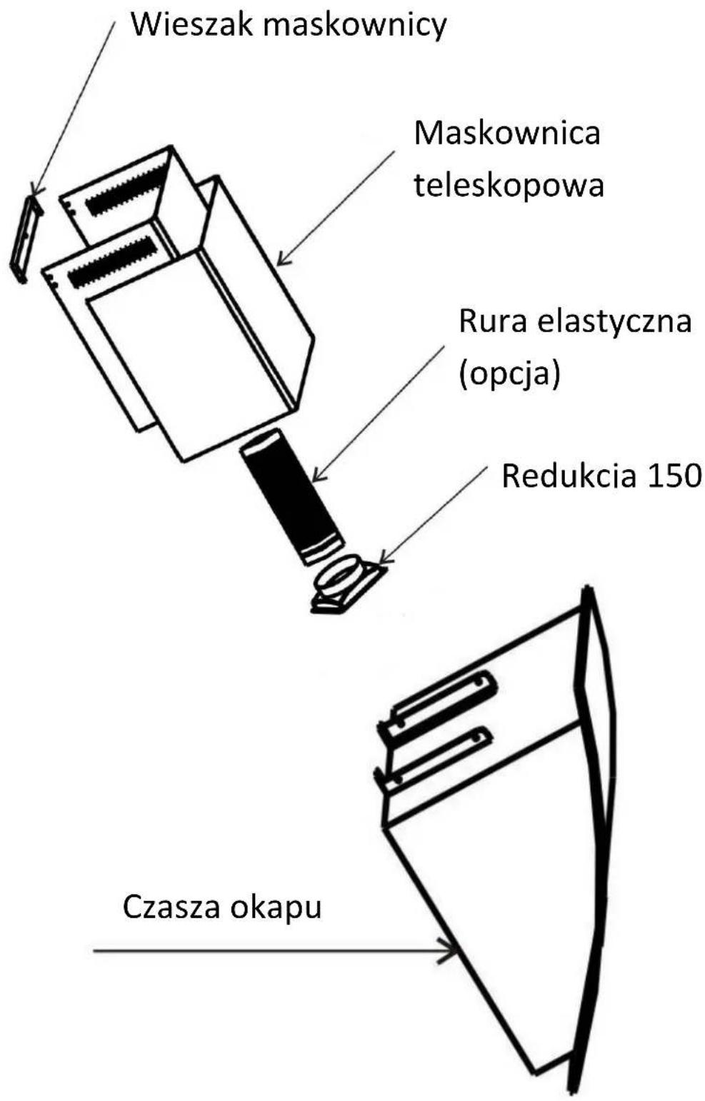 Wieszak maskownicy Maskownica teleskopowa Rura elastyczna (opcja) Redukcia 150 Czasza okapu