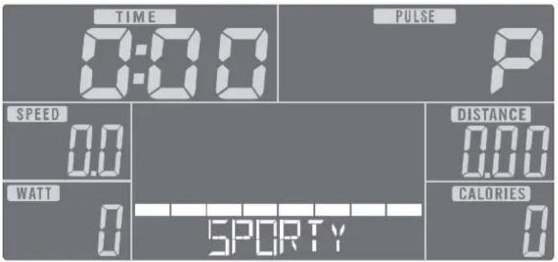 TIME 0:00 PULSE P SPEED 0.0 DISTANCE 0.00 WATT 0 5PORTY CALORIES 0
