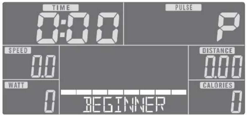 TIME 0:00 PULSE P SPEED 0.0 DISTANCE 0.00 WATT 0 CALORIES 0 BEGINNER