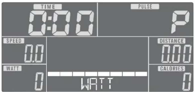 TIME 0:00 PULSE P SPEED 0.0 DISTANCE 0.00 WATT 0 WATT CALORIES 0
