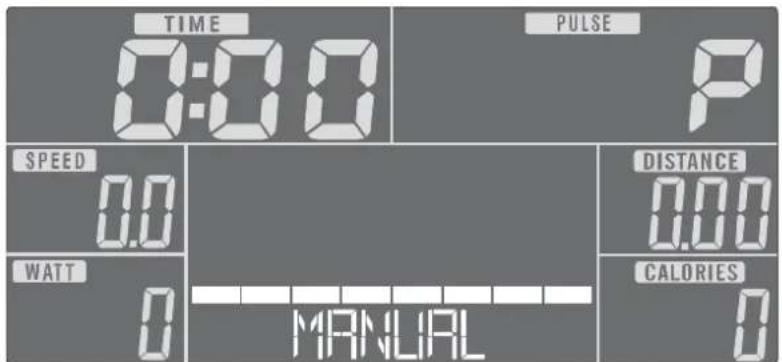 TIME 0:00 PULSE P SPEED 0.0 DISTANCE 0.00 WATT 0 MANUAL CALORIES 0