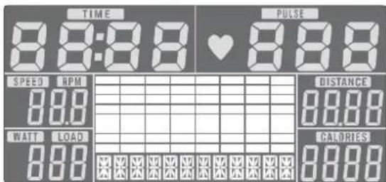TIME 8:8:8 PULSE 8:8.8 SPEED RPM 80.0 DISTANCE 80.00 WATT LOAD 800 CALORIES 8000
