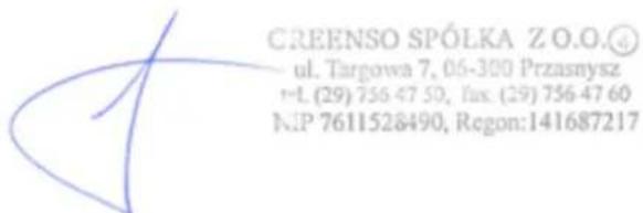 GREENSO SPÓŁKA Z O.O.④ ul. Targowa 7, 06-300 Przasnysz t.L (29) 756 47 50, fax. (29) 756 47 60 NIP 7611528490, Regon:141687217