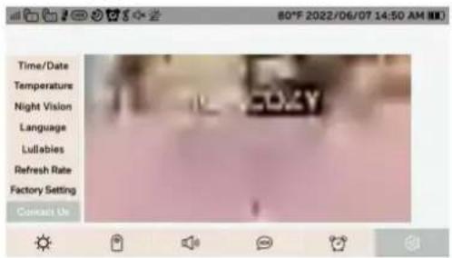 80°F 2022/06/07 14:50 AM Time/Date Temperature Night Vision Language Lullabies Refresh Rate Factory Setting Contact Us