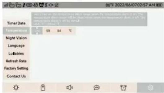 80°F 2022/06/0702:57 AM Time/Date Temperature Night Vision Language Lubabies Refresh Rate Factory Setting Contact Us