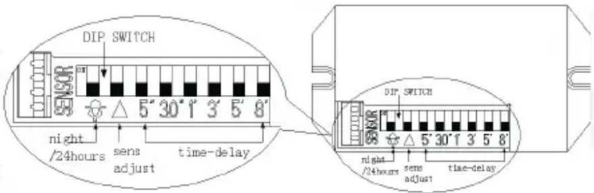 DIP SWITCH night /24hours sens adjust time-delay DIP SWITCH night /24hours sens adjust time-delay