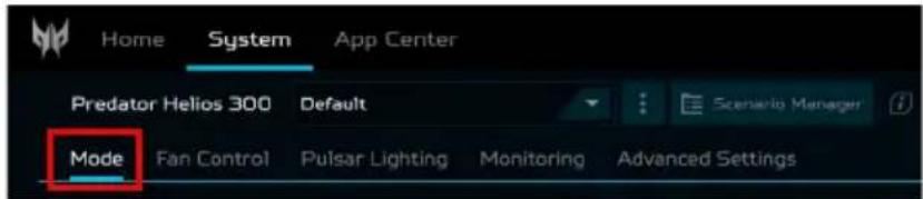 Home System App Center Predator Helios 300 Default Scenario Manager Mode Fan Control Pulsar Lighting Monitoring Advanced Settings