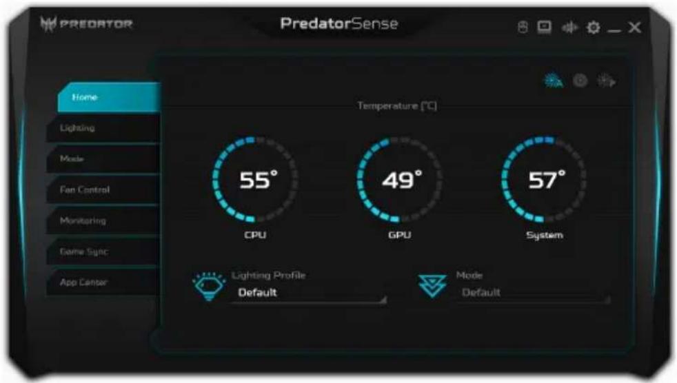 PredatorSense Temperature [°C] 55° CPU 49° GPU 57° System Lighting Profile Default Mode Default